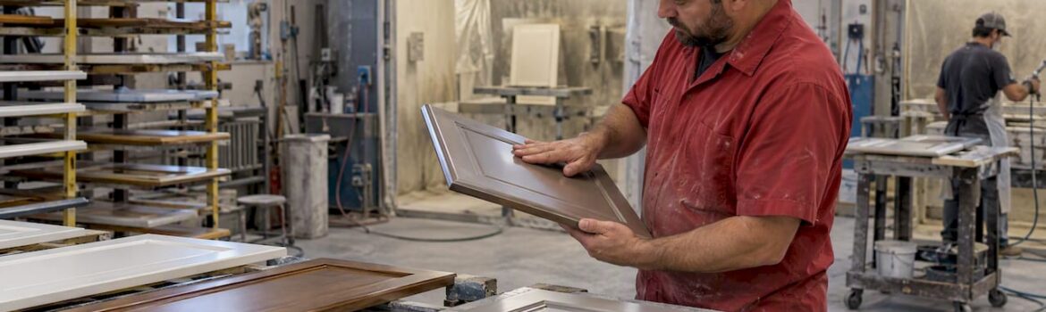 Finished cabinet doors in refinishing shop