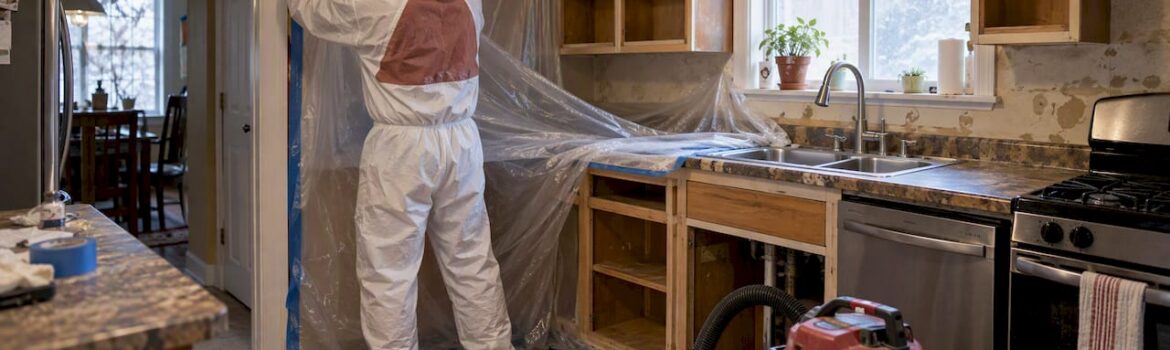 Worker preparing contained cabinets for safe refinishing