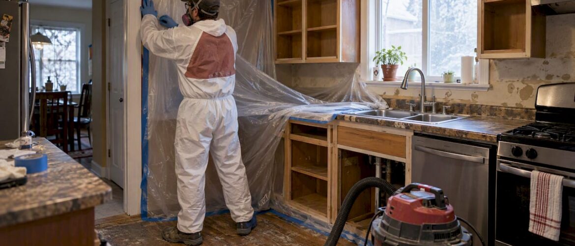Worker preparing contained cabinets for safe refinishing