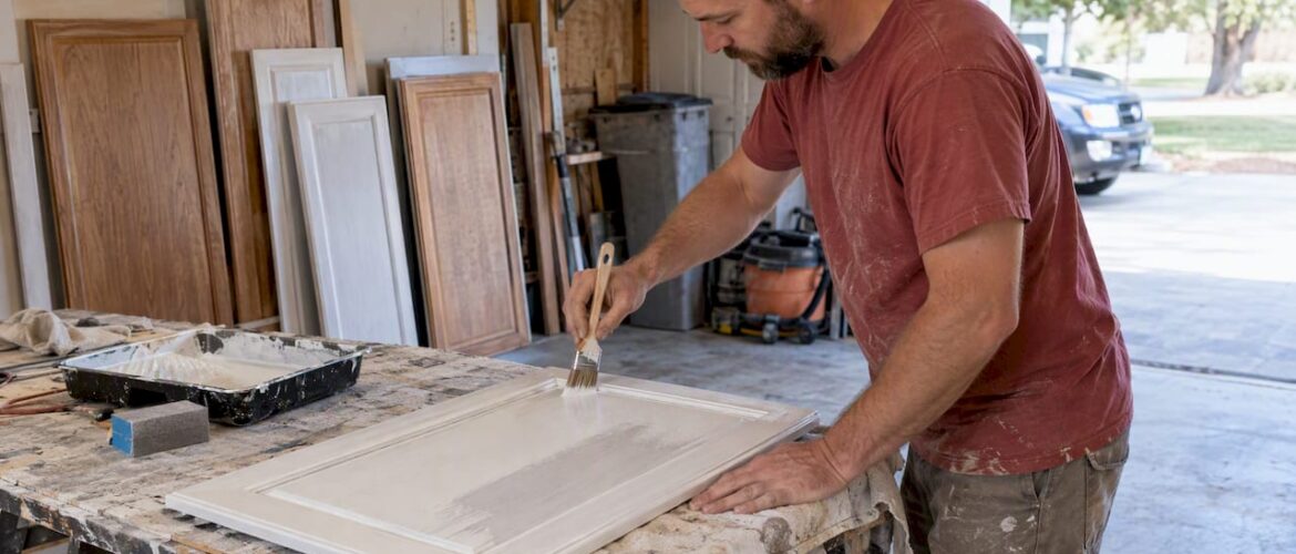 Contractor priming a kitchen cabinet door