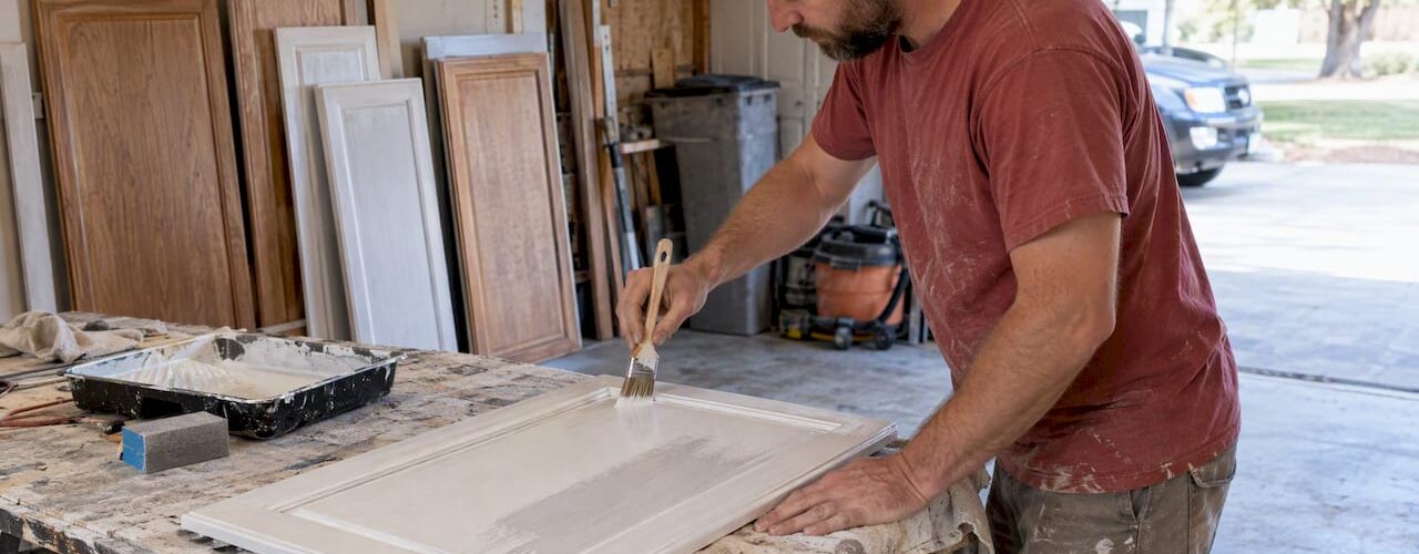 Contractor priming a kitchen cabinet door