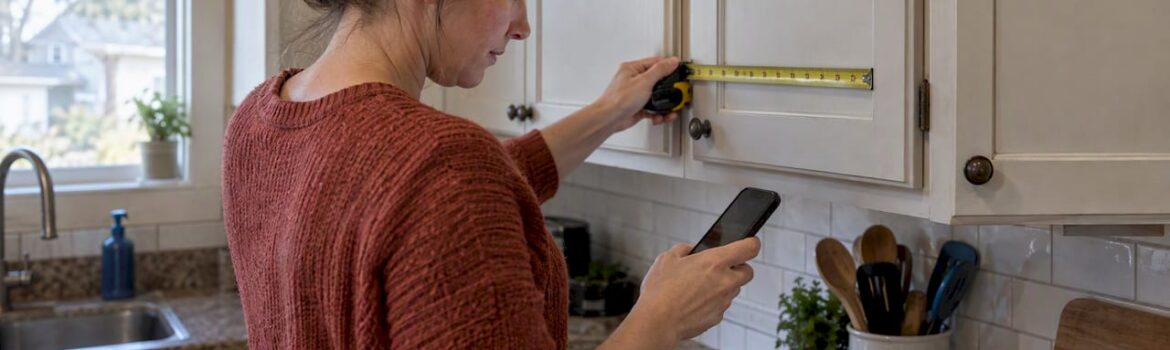 Homeowner measures cabinets for virtual estimate