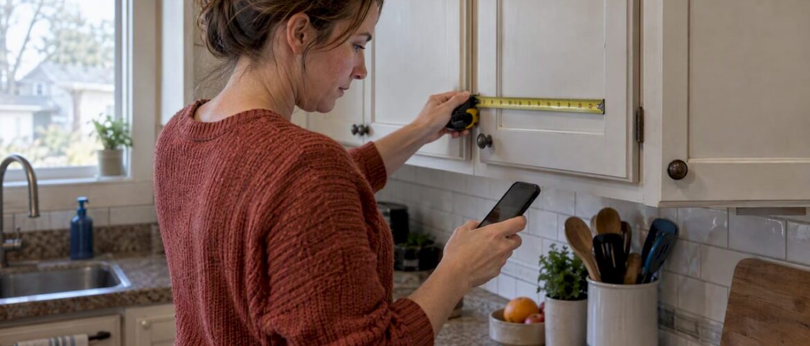 Homeowner measures cabinets for virtual estimate