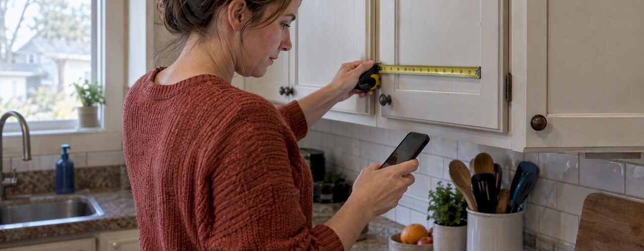 Homeowner measures cabinets for virtual estimate