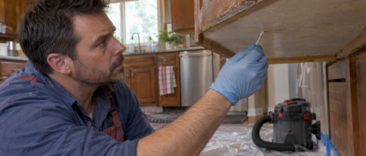 Refinisher testing old paint beneath a cabinet