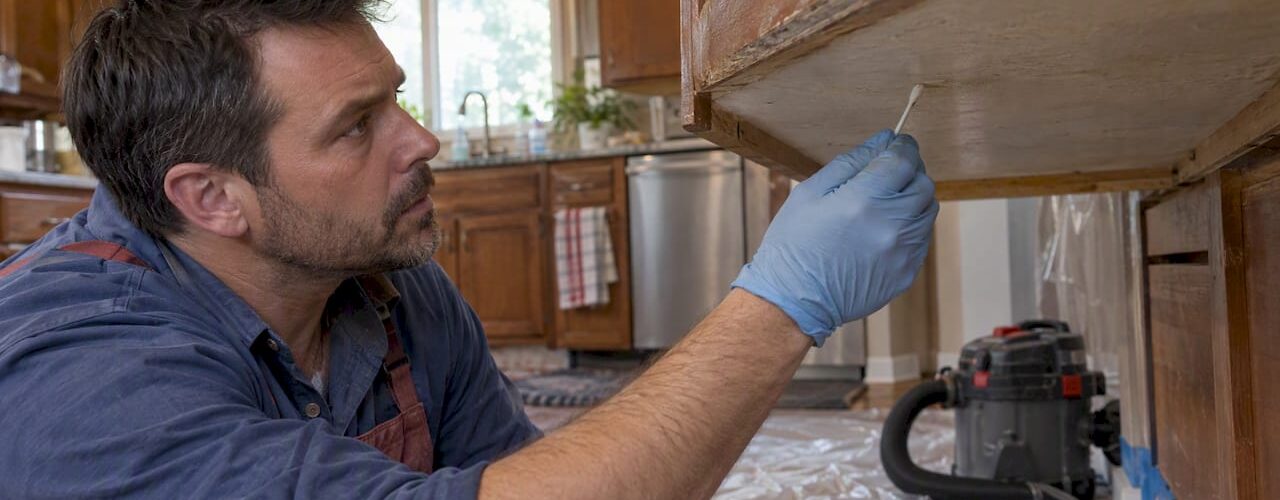 Refinisher testing old paint beneath a cabinet